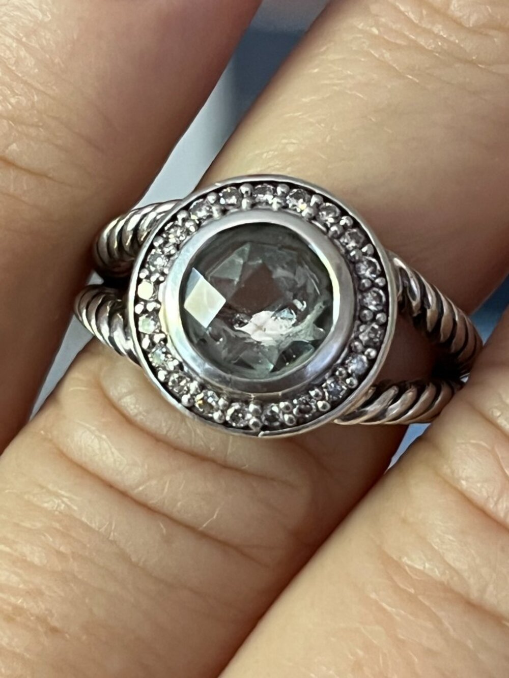 David Yurman Sterling Silver Prasiolite & Diamond Cable Ring - Size 7